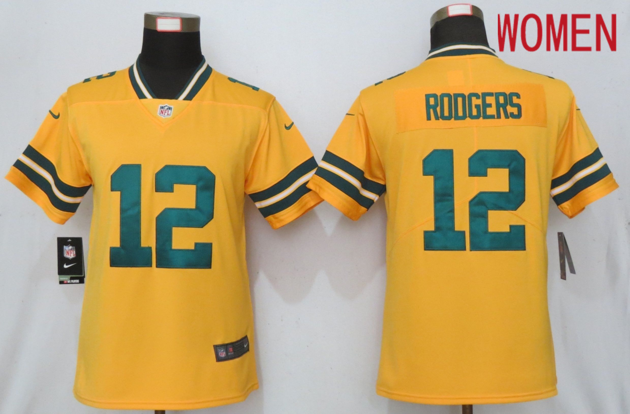 Women Green Bay Packers 12 Rodgers 2019 Vapor Untouchable Nike Gold Inverted Elite Playe NFL Jerseys